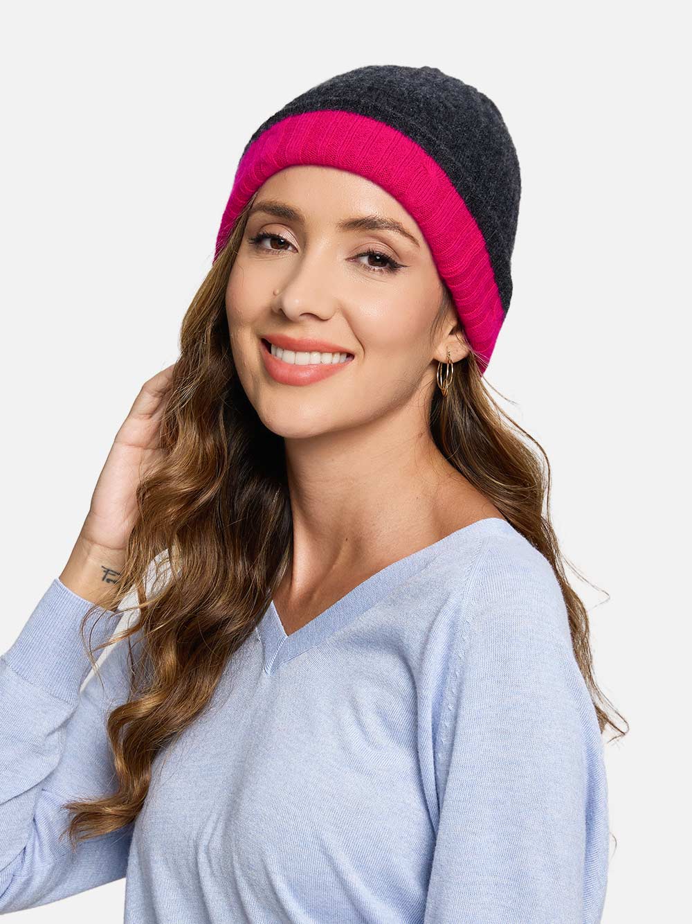 4-Way Cashmere Beanie - Charcoal Gray/Fuchsia