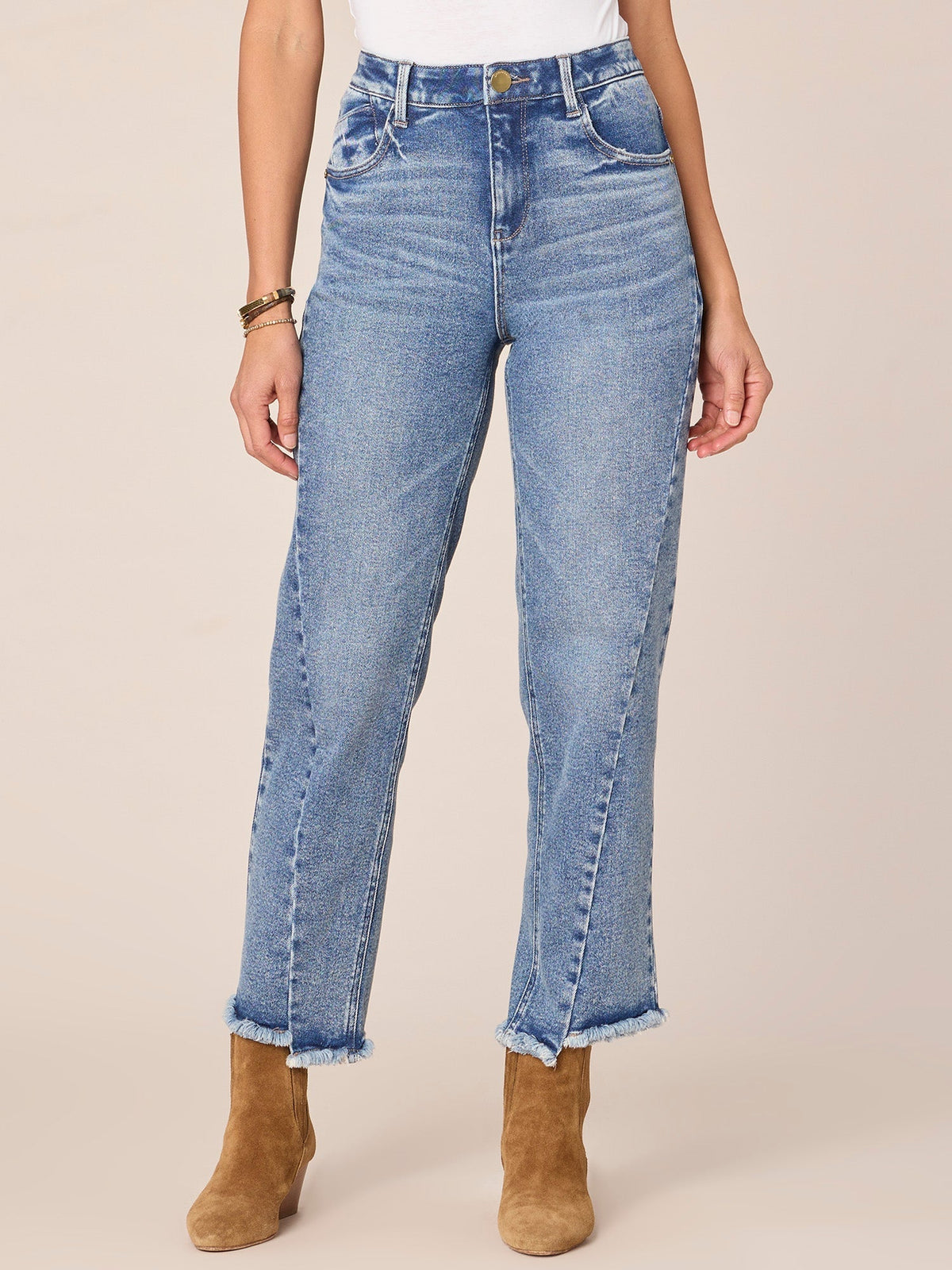 "Ab"solution High Rise Ankle Length Straight Leg Jeans with Fray Hem