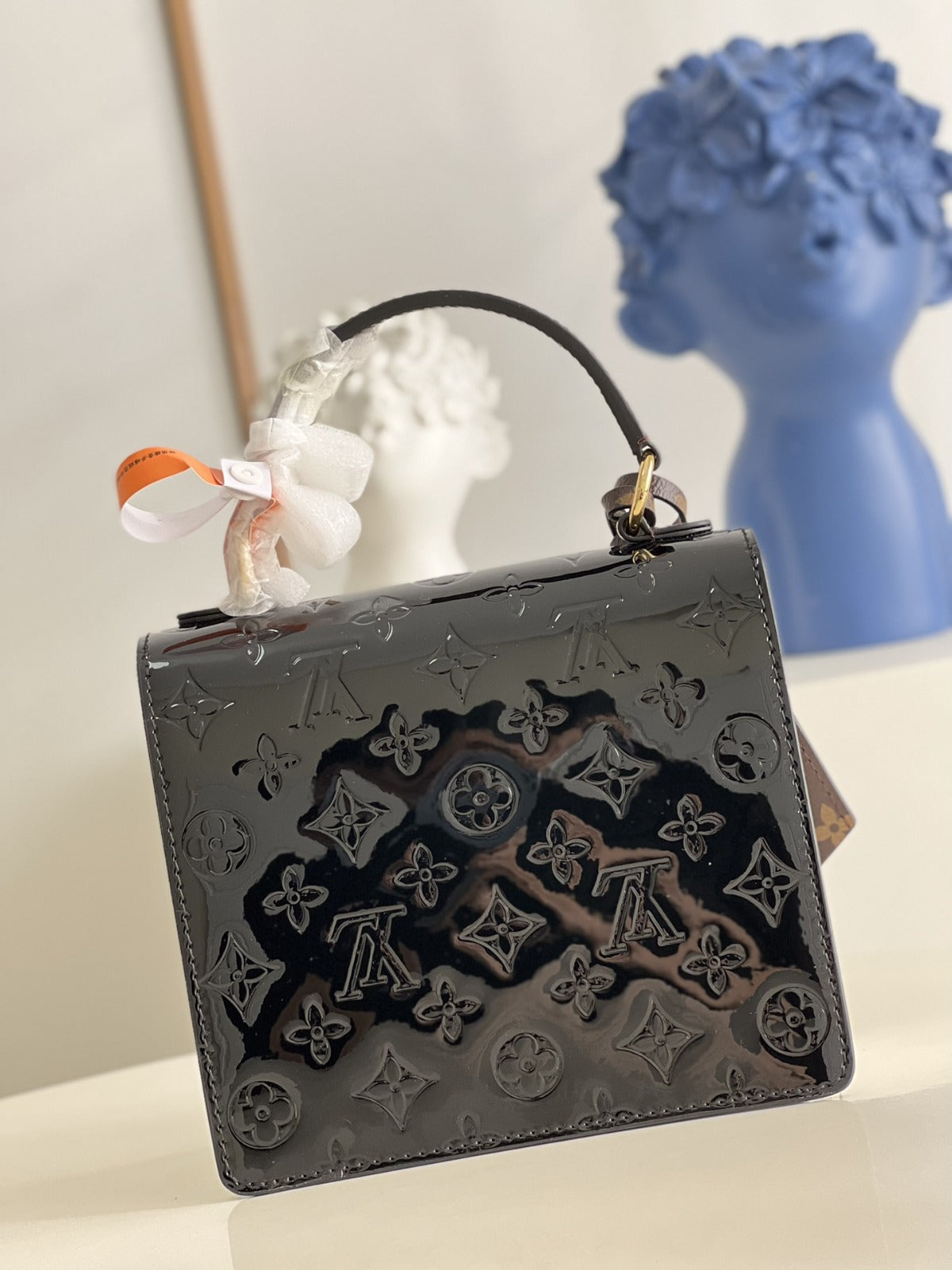 LV Spring Street NM Monogram Vernis Leather Handle Crossbody Bag with Top Handle and Removable Strap